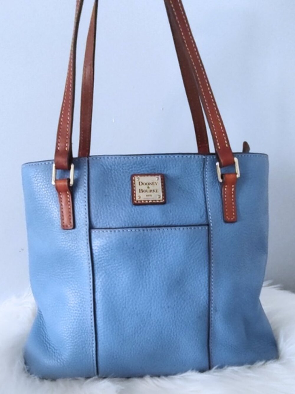 Dooney & Bourke Blue Leather Tote with Brown Straps